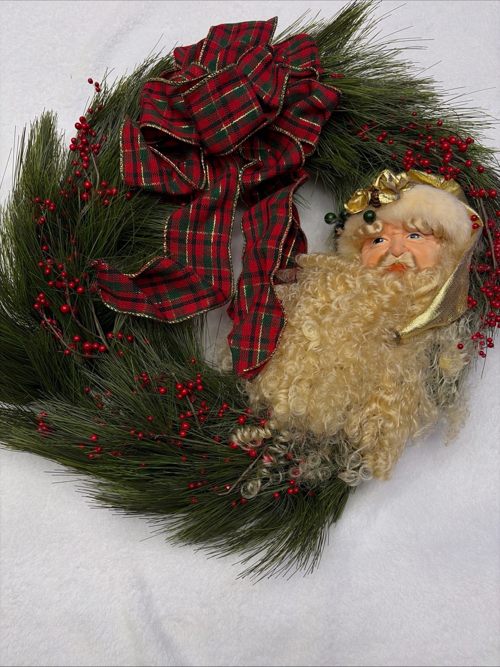 Holiday Pine Wreath with Red Plaid Bow and Santa Face